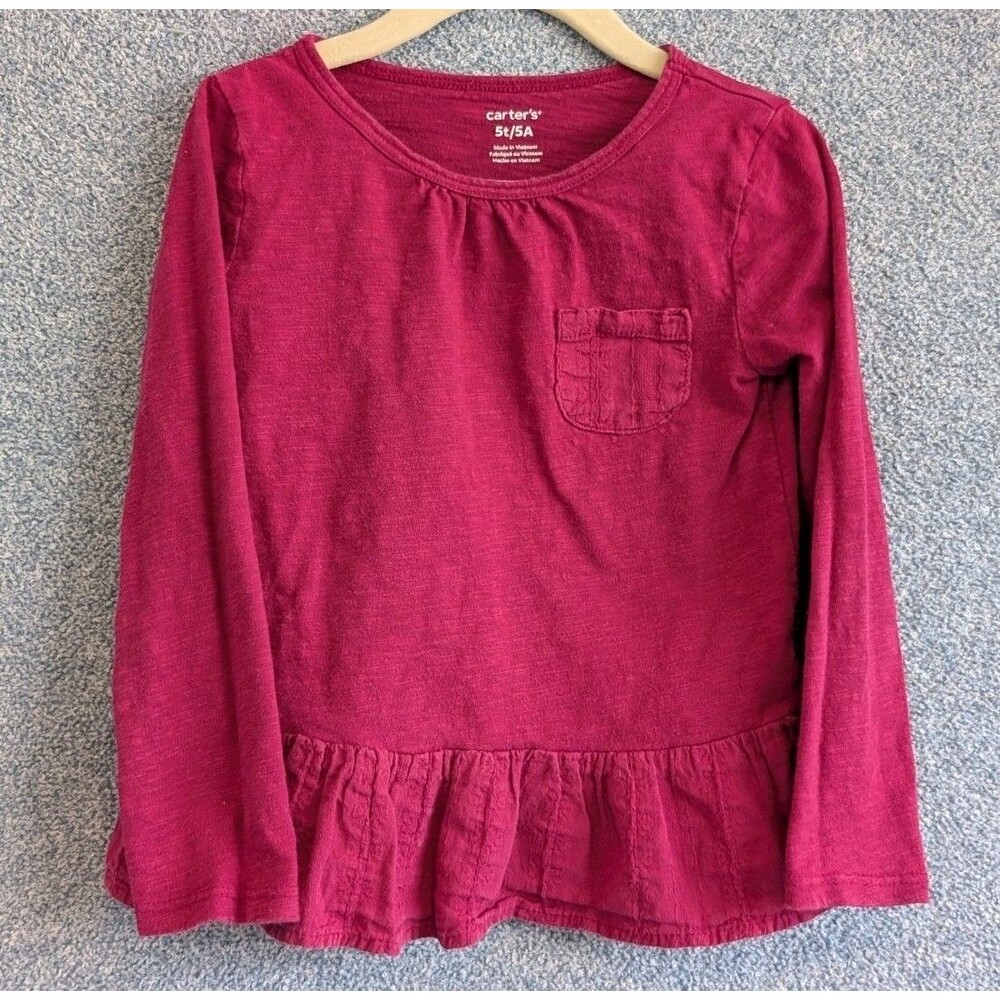 Carter's Size 5T Dark Pink Cotton Long Sleeve Ruffle Hem Pocket Shirt
